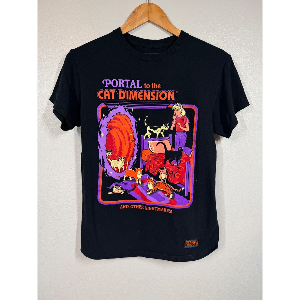 Steven Rhodes T Shirt Men Medium Black Portal To Cat Dimension 80s Halloween EUC